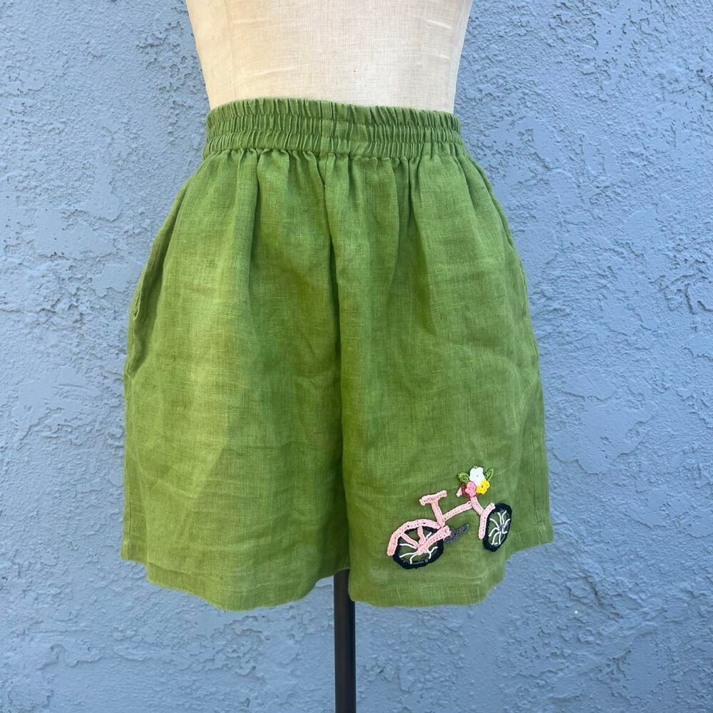 Harago Linen Shorts Bicycle Mebroidery Bohemain funky twee Size S Unisex
